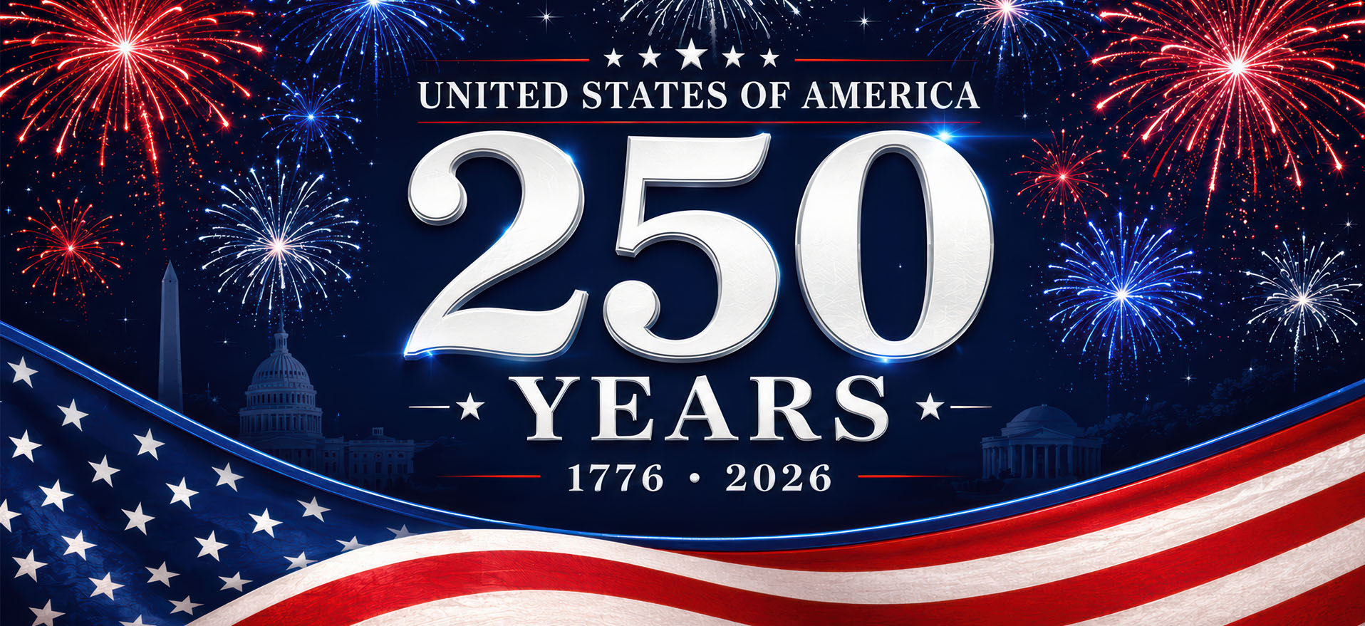 Text reads "United States of America 250 Years 1776-2026" over a background of fireworks, the U.S. Capitol, Washington Monument, and Lincoln Memorial, with an American flag at the bottom.