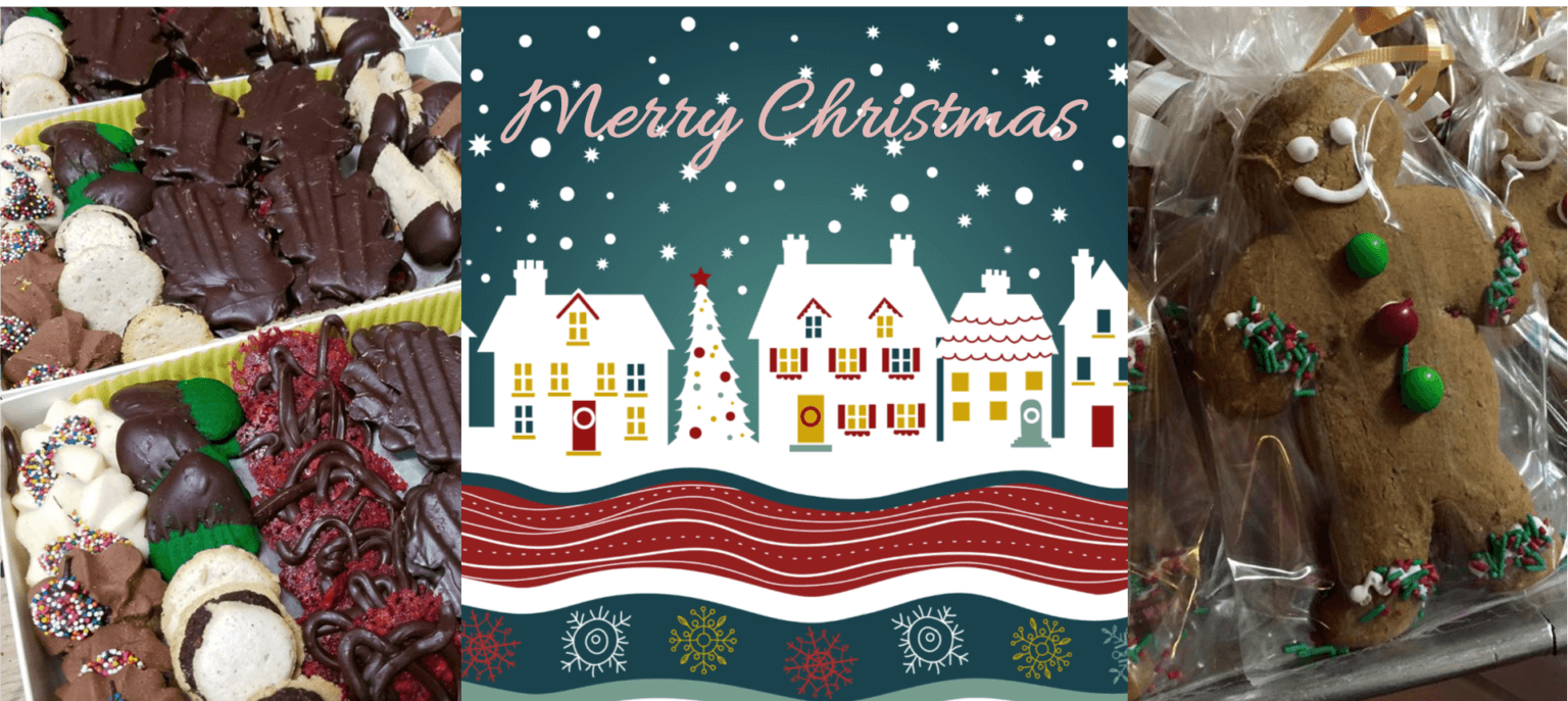 A festive collage with Christmas cookies on the left, a "Merry Christmas" card showing a winter village scene in the center, and a bakery's gingerbread man wrapped in plastic on the right.